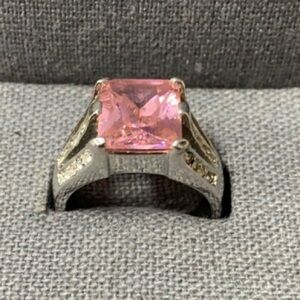 Pink sapphire with crystal In silver band size 9